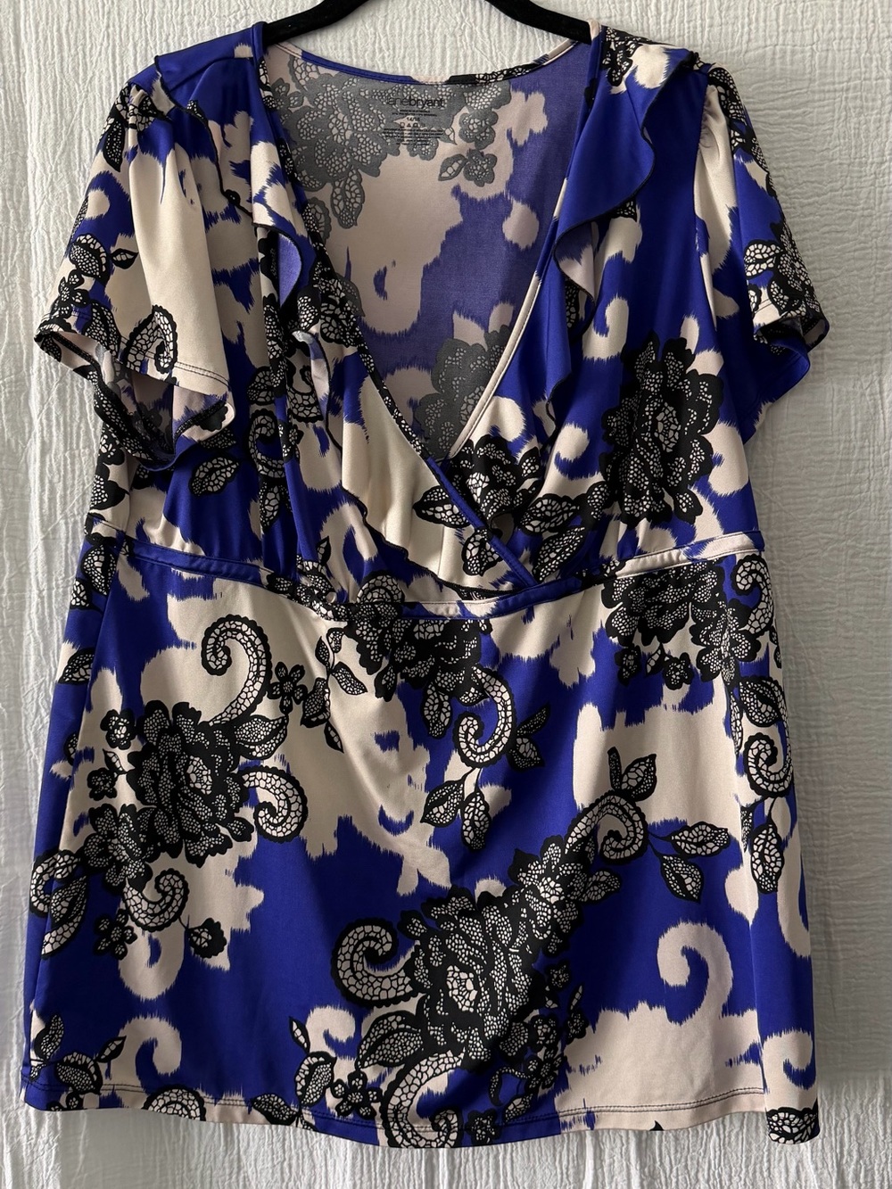 Lane Bryant Blue, Cream and Black Floral Wrap Blouse